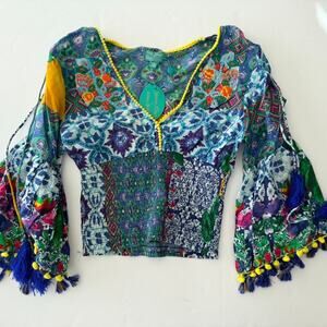 Antica Sartoria Bell Sleeve Crop Top OS V Neck Floral Lemons Italy Boho NEW